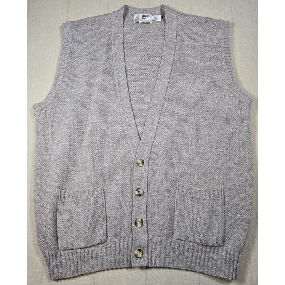 VTG London Fog Sweater Vest Men's 3XL Khaki Tan V-Neck Knit Cardigan 80s USA